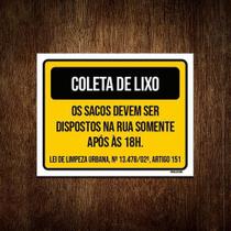 Placa Coleta Lixo Sacos Dispostos Após 18 Horas 18X23