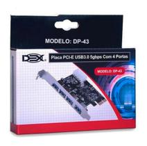 Placa Controladora USB 3.0 PCI-E Dex DP-43 4 Portas 5Gbps Suporta Hubs e Vários Dispositivos USB 3 Placa Controladora USB 3.0 PCI-E Dex DP-43 4 Portas 5Gbps Suporta Hubs e Vários Dispositivos USB 3