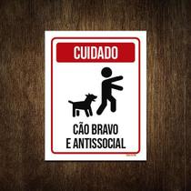 Placa Cuidado Cão Bravo E Antissocial 18X23