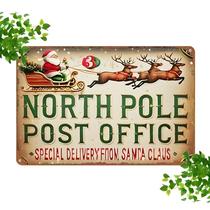 Placa De Alumínio Vintage Do Escritório Postal Do Polo Norte Com Papai Noel E Rena 8x12 Polegadas