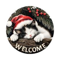 Placa De Boas-Vindas De Natal Em Madeira 20x20 Cm Com Design De Gato Dormindo Para Decorações De Placa De Boas-Vindas De Natal Em Madeira 20x20 Cm Com Design De Gato Dormindo Para Decorações De