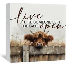 Placa de caixa de madeira Nitelat Highland Cow Farmhouse Decor 13x13cm