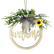 Placa de coroa de boas-vindas de madeira com flores, decoração de porta LED Placa de coroa de boas-vindas de madeira com flores, decoração de porta LED