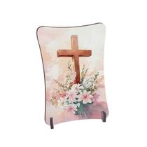 Placa de Mesa Curvo Cruz buquê de flores rosa
