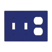 Placa de parede de policarbonato azul com 3 módulos, 2 interruptores tipo toggle e 1 tomada duplex