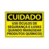 Placa De Sinalização Cuidado Use Óculos De Segurança E Luvas Quando Manusear Produtos Químicos 30x20 Ecom IA - SC34 F9e