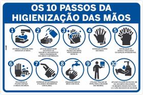 Placa de Sinalização Higiene os dez 10 Passos da Higienização das Mãos em PS - Look Placas de Sinalização