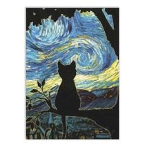 Placa Decorativa A2 Gato Estilo Van Gogh Noite Estrelada