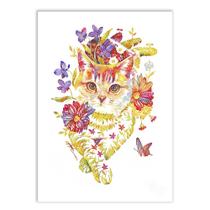 Placa Decorativa A4 Ilustração Gato Colorido Flores Animais