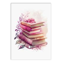 Placa Decorativa A4 Pilha De Livros Rosa Leitura Decoração