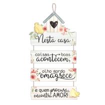 Placa Decorativa com Corda Delicada Pássaro, Casinha e Flores 28,5x55,5