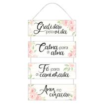 Placa Decorativa com Corda Gratidão Calma Fé Amor com Flores Rosas 30x65 MDF 6 mm