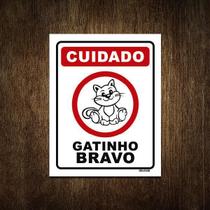 Placa Decorativa - Cuidado Gatinho Bravo Gato 27X35