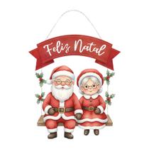 Placa Decorativa Decoração Feliz Natal Casal Noel no Balanço 23x36