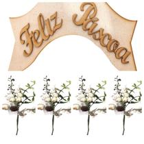 Placa Decorativa Feliz Páscoa e 4 Hastes de Galhos com Ovos e Folhas