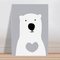 Placa decorativa infantil animal urso branco coração cinza