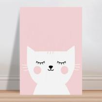 Placa decorativa infantil gato branco e rosa