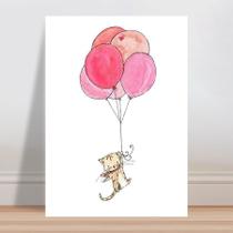 Placa decorativa infantil gato voando bexigas colorida