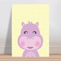 Placa decorativa infantil hipopótamo lilás fundo amarelo
