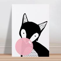 Placa decorativa infantil raposa bola de chiclete rosa