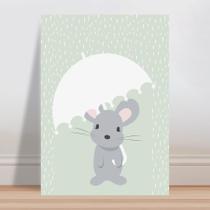 Placa decorativa infantil ratinho cinza guarda-chuva