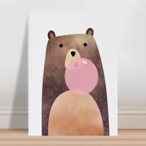 Placa decorativa infantil urso marrom bola chiclete rosa