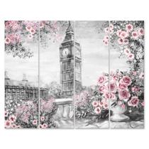 Placa Decorativa Londres Flores para Sala e Quarto Painel Kit 4 Placas