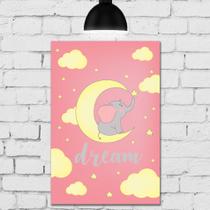 Placa Decorativa MDF Infantil Elefante na Lua Rosa 30x40