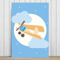 Placa Decorativa para Quarto Infantil Azul Avião e Lua 30x40