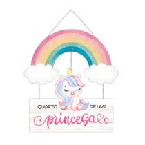 Placa Decorativa Quarto Menina Infantil Unicórnio Arco Íris Princesa