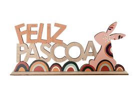 Placa Decorativa Retangular Feliz Pascoa Coelho Grande Marrom