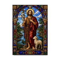 Placa Decorativa São João Batista Estilo Vitral de Igreja 50x70cm