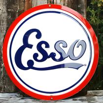 Placa Decorativa Vintage De Alumínio Vermelha E Azul Com Sinal De Posto De Combustível Esso,