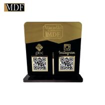 Placa Display Logo e 2 Qr Code em Acrílico Dourado e Preto