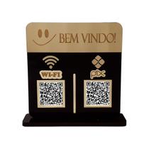 Placa Display Logo e 2 Qr Code Pix e Wifi em Acrílico Dourado e Preto Placa Display Logo e 2 Qr Code Pix e Wifi em Acrílico Dourado e Preto