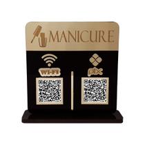 Placa Display Logo e 2 Qr Code Pix e Wifi em Acrílico Dourado e Preto