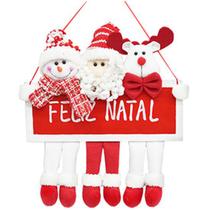 Placa Feliz Natal com Boneco de Neve Papai Noel e Rena Enfeite Decorativo de Pendurar 42X34 cm