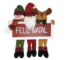 Placa Feliz Natal Madeira Papai Noel, Boneco Neve, Rena 34cm - Master Christmas