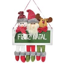 Placa Feliz Natal Madeira Trio Pelúcia Papai Noel, Boneco de Neve e Rena 40cm - Master Christmas