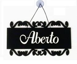 Placa MDF Aberto Fechado 25x19cm Preto e Branco Alto Relevo com Ventosa