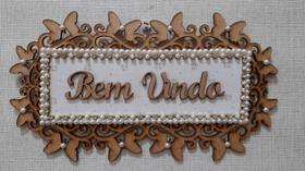 Placa Mdf Bem Vindo com aplicações em Perolas 29x16cm Placa Mdf Bem Vindo com aplicações em Perolas 29x16cm