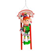Placa Natalina Boneco Duende na Escada Enfeite de Pendurar 53x23cm