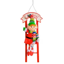 Placa Natalina Boneco Duende na Escada Enfeite de Pendurar 53x23cm