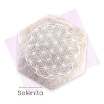 Placa Pedra Selenita Hexagonal Com Flor Da Vida 7cm X 1,5cm