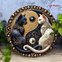 Placa Redonda De Alumínio Gato Preto E Branco, Impressão 2D Plana, Decoração Rústica De Natal Para