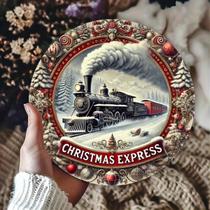 Placa Redonda De Metal Gravada a Laser Com Tema De Trem De Natal Nevado Para Pendurar, Decoração Placa Redonda De Metal Gravada a Laser Com Tema De Trem De Natal Nevado Para Pendurar, Decoração