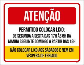 Placa Sinalização - Atenção Horários Lixo Feriado 36X46