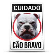 Placa Sinalização Cuidado Cachorro Pitbull Branco Cão Bravo 20x30cm