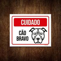 Placa Sinalização - Cuidado Cão Bravo Preto Branco 18X23