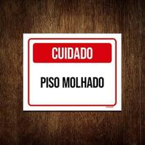 Placa Sinalização - Cuidado Piso Molhado Vermelho 18X23